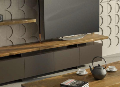 Modern TV stand with wall shelves, luxury storage cabinets, natural walnut